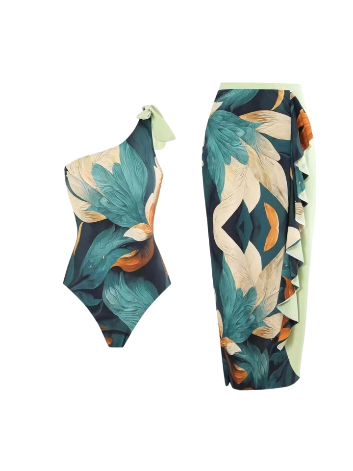 Maiô Feminino Verde Estampado com Saída de Praia Lótus 1