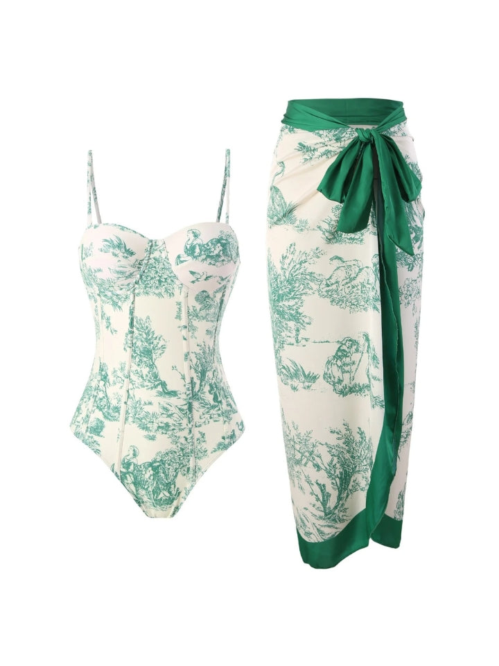Maiô Feminino com bojo, estampado, com Saída de Praia, verde