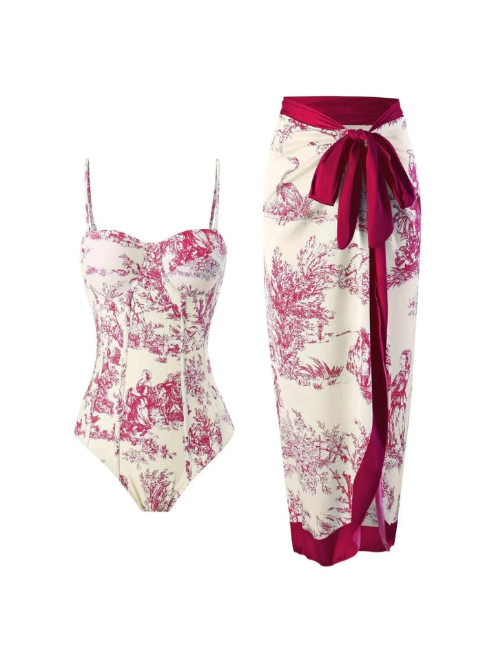 Maiô Feminino com bojo, estampado, com Saída de Praia, vermelho