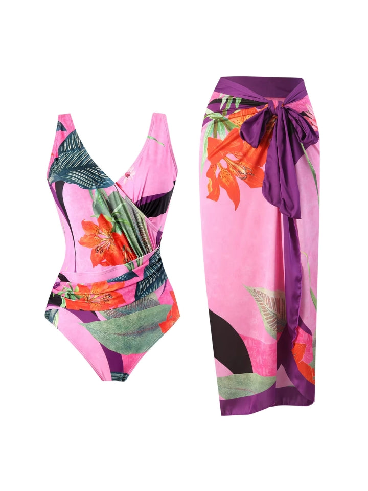 Maiô Modelador Estampado com Saída de Praia Jardim Rosa Tropical 1