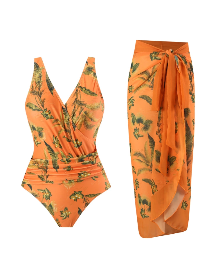 Maiô Feminino Modelador Laranja com Saída de Praia Sunset Tropic - 2 Peças